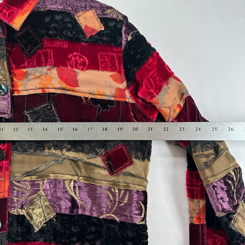 Chico's Design Jacket Size 1 M/8 Rayon Silk Velvet Patchwork Shacket Multicolor - Picture 8 of 10